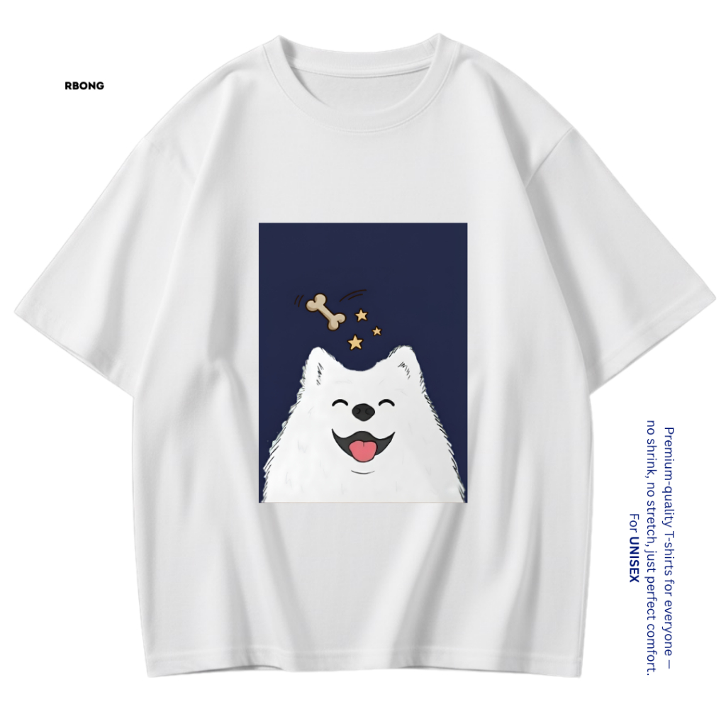เสื้อยืดคอกลม สวมใส่สบายและแฟชั่นพิมพ์ลายหมา samoyed ยิ้มน่ารัก