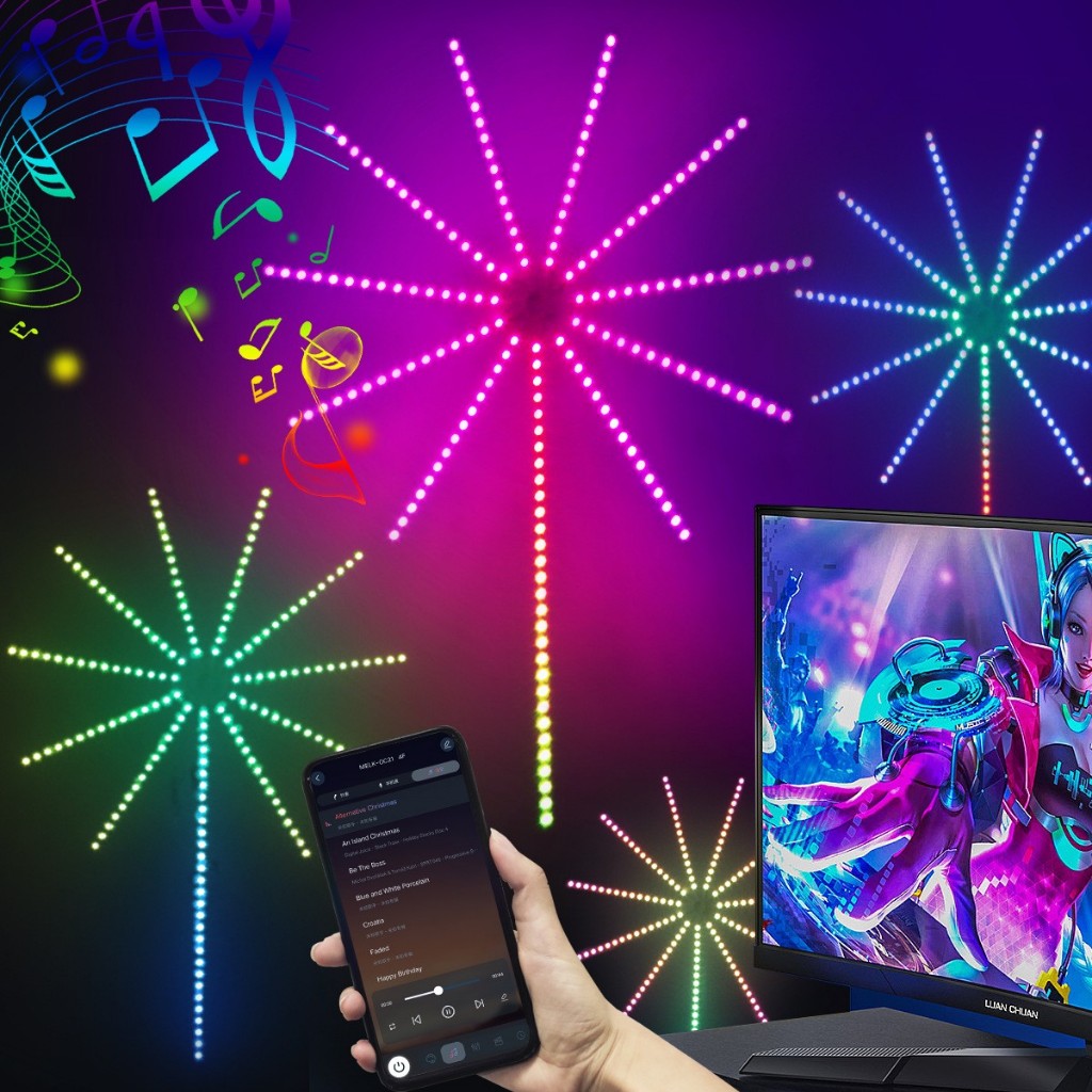 PANASI ชุดไฟ LED Smart Fireworks  แบบเปลี่ยนสี สำหรับติดผนังห้อง พร้อมรีโมทและควบคุมผ่านแอป สำหรับงานปาร์ตี้และเพลง