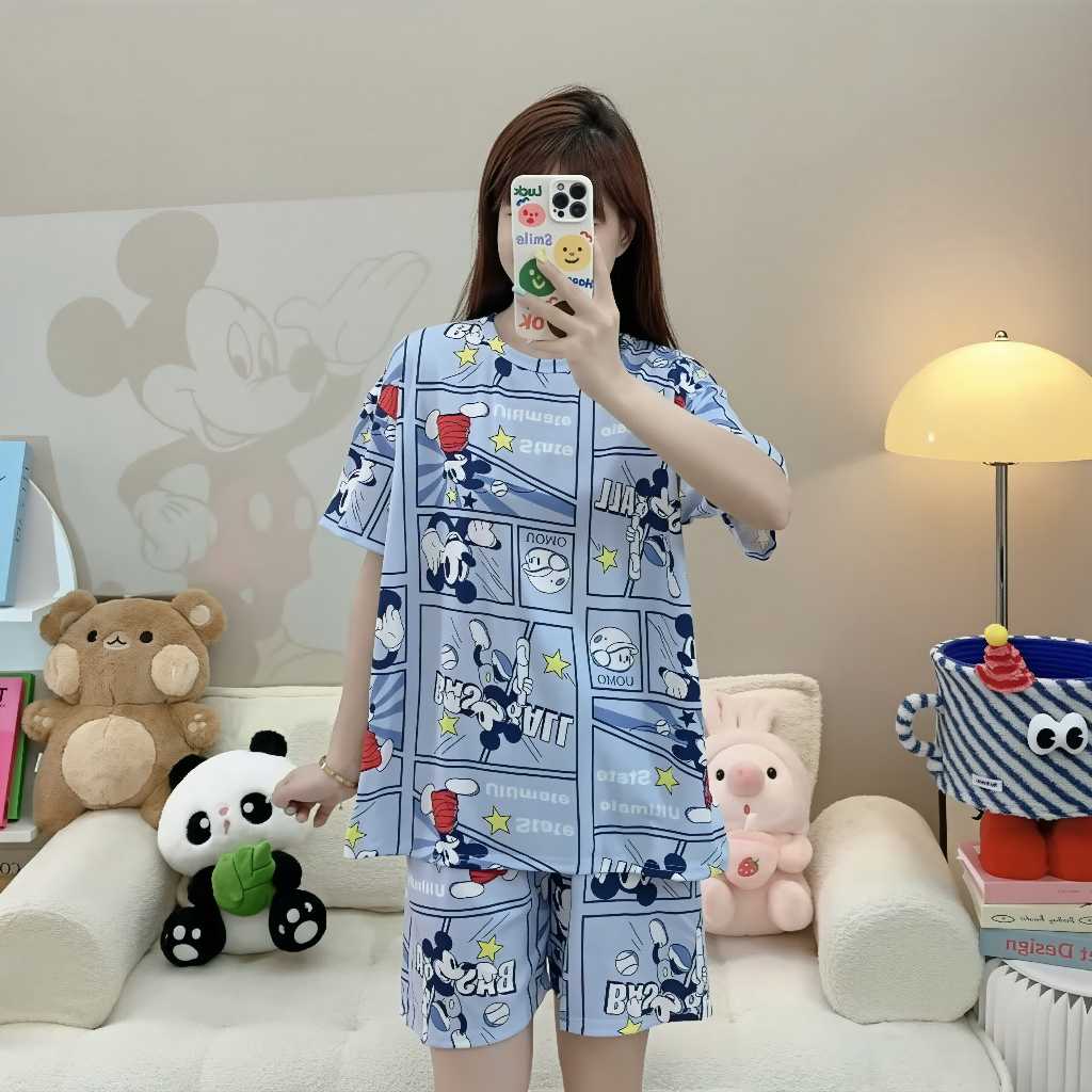 ชุดนอนลายการ์ตูนน่ารัก กางเกงขาสั้น ผ้าคอตตอล ฟรีไซส์ AE