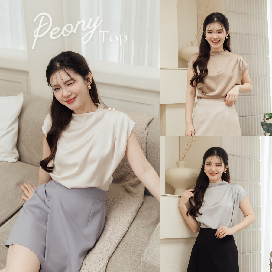 Onceandtwice | Peony Top เสื้อแขนสั้น เสื้อเบลาส์คอปีน แต่งจีบช่วงไหล่และช่วงเอว พร้อมกระดุมสีทอง ผ้าเงาสวย ใส่สบาย