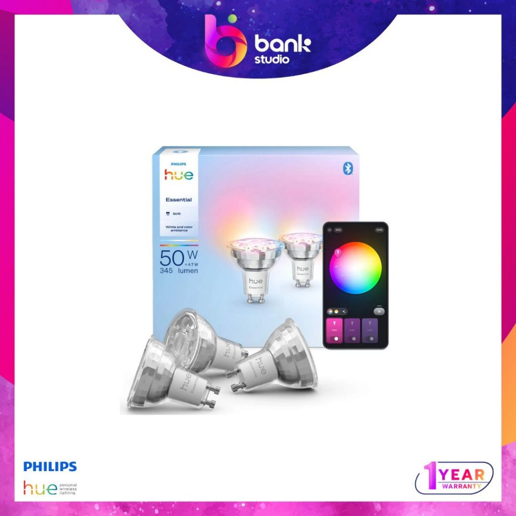 (ประกัน 1ปี) หลอดไฟเปลี่ยนสี Gu10 Philips Hue Essential GU10 smart bulbs 3-Packs (345 lm)