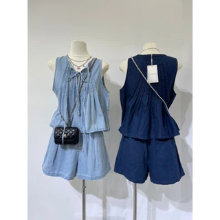 B635 เซ็ตเสื้อแขนกุดผูกโบว์ + กางเกงขาสั้น เนื้อผ้ายีนส์นุ่ม ลุควินเทจนิดๆ