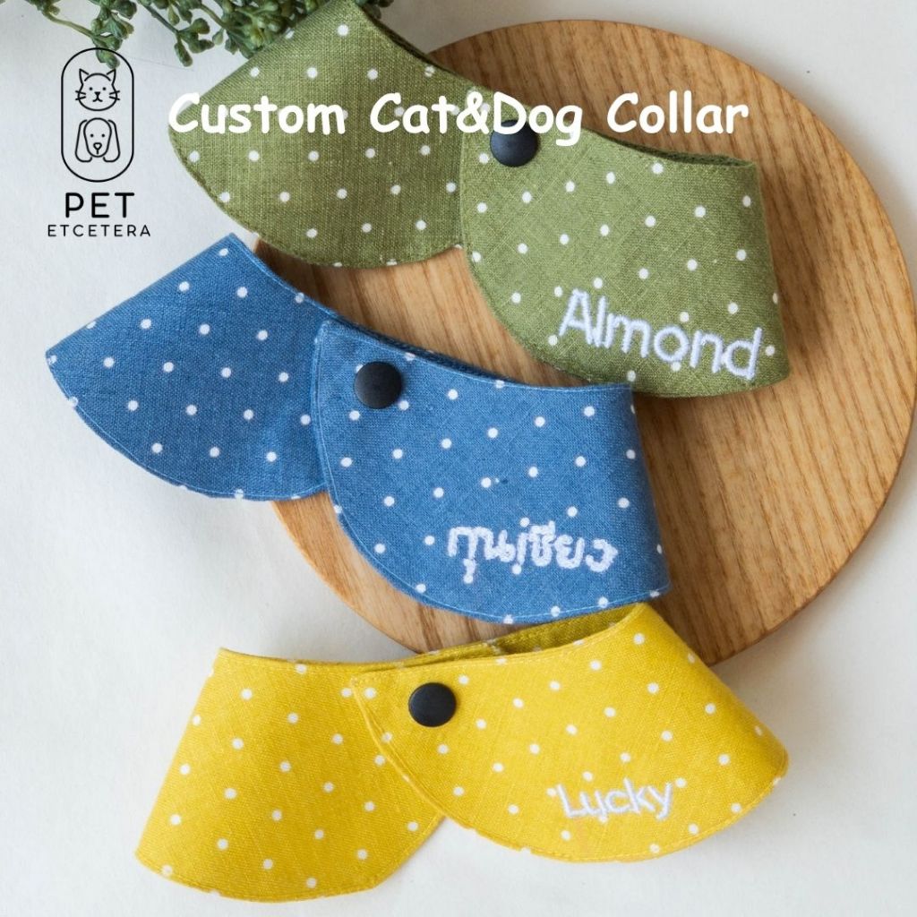 ปกเสื้อน้องแมวน้องหมา ปลอกคอแมวนิรภัย  ผ้าพันคอ ผลิตจากผ้าลินินญี่ปุ่นเนื้อนุ่มใส่สบาย+ปักชื่อน้องฟรี