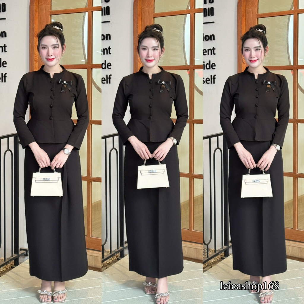 สินค้าพร้อมส่ง ชุดจิตรลดา ชุดเซต 2 ชิ้น เสื้อผ้าบาร์บี้ ผ้ายืด คอจีน แขนยาวกระดุมหน้าแต่งโบว์ + กระโปรงเอวเรียบสม๊อคหลัง