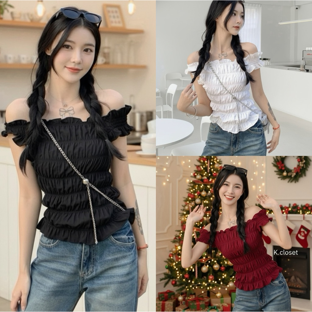 อก28-40 เสื้อปาดไหล่สม็อค เสื้อสม็อคเปิดไหล่สไตล์สาวเกาหลีทรงน่ารักสาว อวบใส่ได้อกถึง 40 นิ้ว