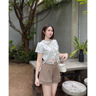 กางเกงขาสั้นทรงบาร์บี้เอวสูงสีพื้น สวมใส่ง่าย