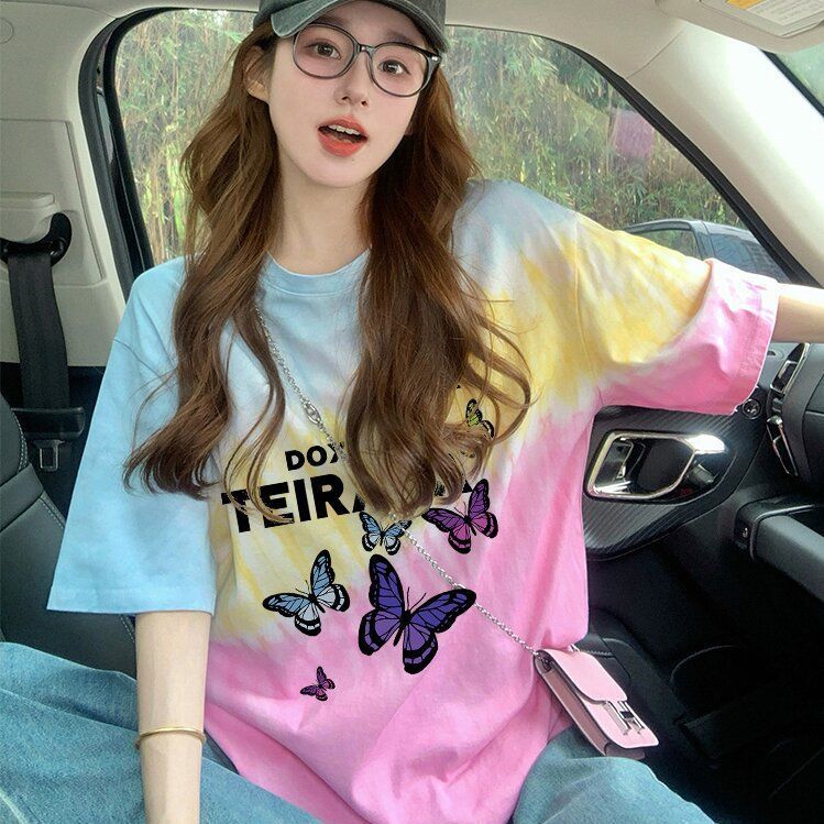เสื้อยืดมัดย้อมสวยๆผู้หญิงฤดูร้อนใหม่ Oversize เสื้อผ้าสาวอวบไซส์ใหญ่ แฟชั่นเกาหลี เสื้อโอเวอร์ไซส์คนอวบทรงหลวมน่ารักๆ