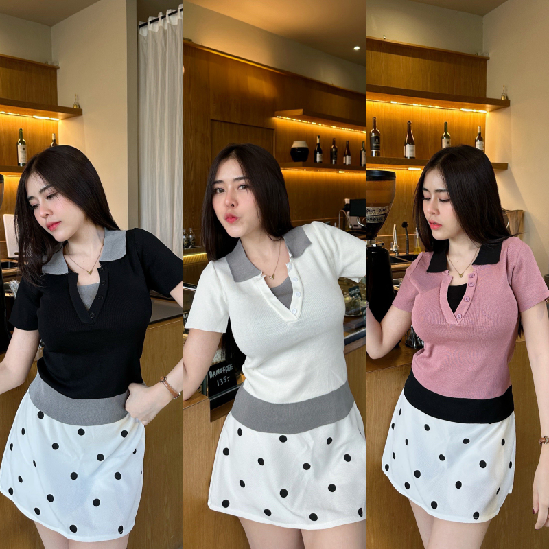 เสื้อยืดคอโปโล แต่งกระดุมติดอก แต่งแถบสีทูโทน ผ้ายืดตามตัว สาวอวบใส่ได้ ทรงน่ารักใส่ง่าย รุ่น อนุทิน