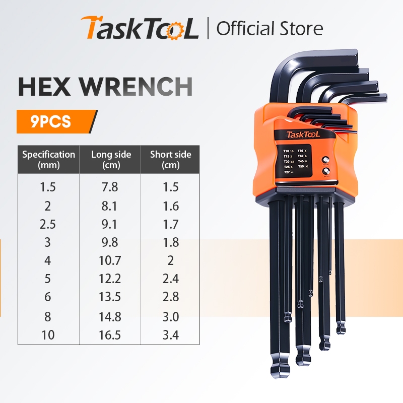 TASKTOOL ชุดประแจหกเหลี่ยม ประแจอัลเลน เครื่องมือไขควง เหล็กเกรด 9 ตัว/ชุดแข็งแรงทนทาน ซุปเปอร์แรงบิด ความแข็งสูง (CR-V)