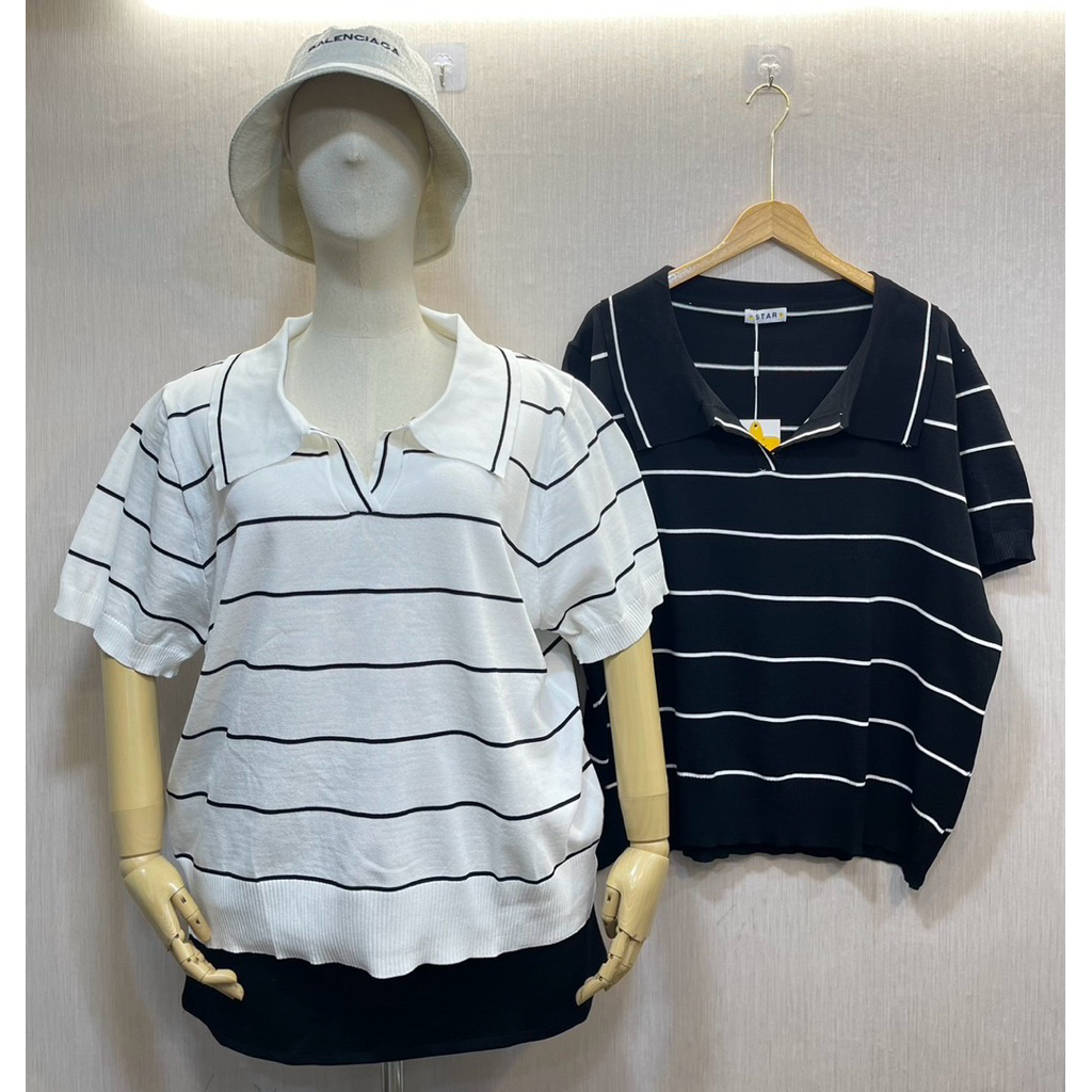 เสื้อไหมพรมคอปกวีลายริ้วสาวอวบ สำหรับผู้หญิง