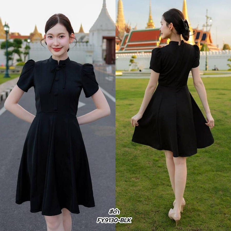 S-2XL | เดรสคอสูงผูกโบว์แต่งกระดุมอก แขนกล๊บบัว กระโปรงทรงบาน สีดำ F9130