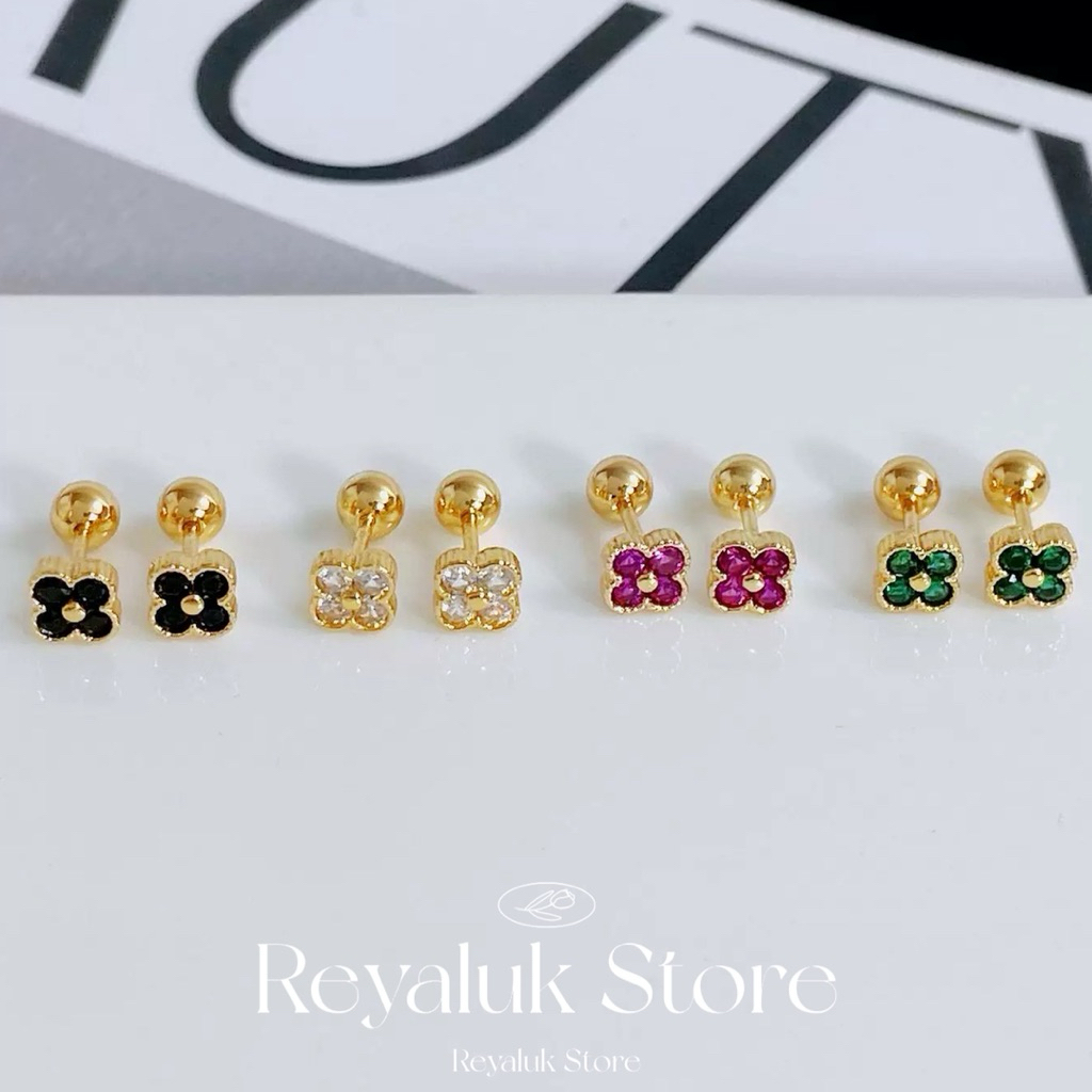 ต่างหูจิวหมุน ลาย Clover ประดับเพชร ก้านเงินแท้ S925 ไม่แพ้ ใส่ได้ทุกวัน 💎