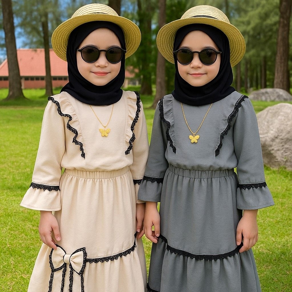 ชุดเซตกระโปรงยาวเด็กอิสลาม ชุดเซตกระโปรงผ้าสลาฟ 3-9ปี ไม่ต้องรีดแต่งด้วยลูกไม้ ใส่เที่ยว ใ่ส่รายอ