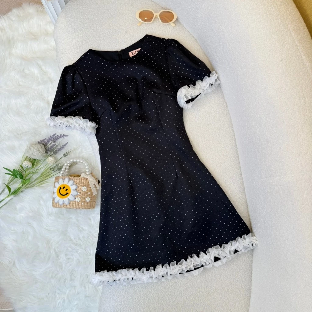 [LISA] A1230 ชุดเดรสกระโปรงคอกลมแขนสั้นดีเทลแต่งระบายลายโพกาดอทสวยหรูลุคคุณ ใส่ออกงาน ดินเนอร์ คาเฟ่