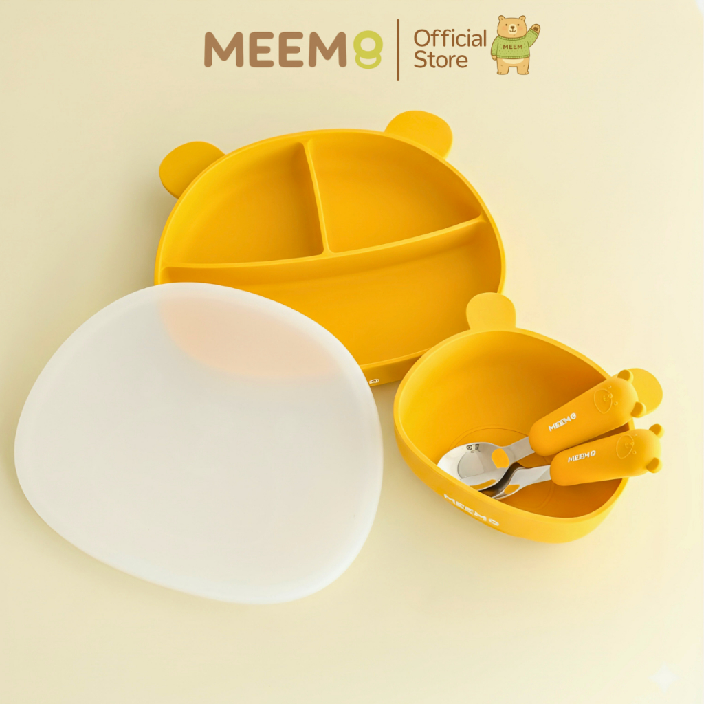 MEEM ชุดทานอาหารซิลิโคน 4 ชิ้น ลายหมี (จาน/ชาม/ช้อน/ส้อม)  รุ่น Little Bear (Colorful Series)