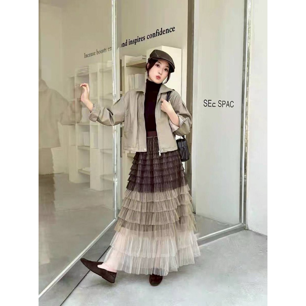 กระโปรงยาวผ้ามุ้งชั้นไล่ชั้น ไล่เฉดสี 3 สี สีเขียนตามสีขอบเอวยางยืด #823 - รูปที่ 3