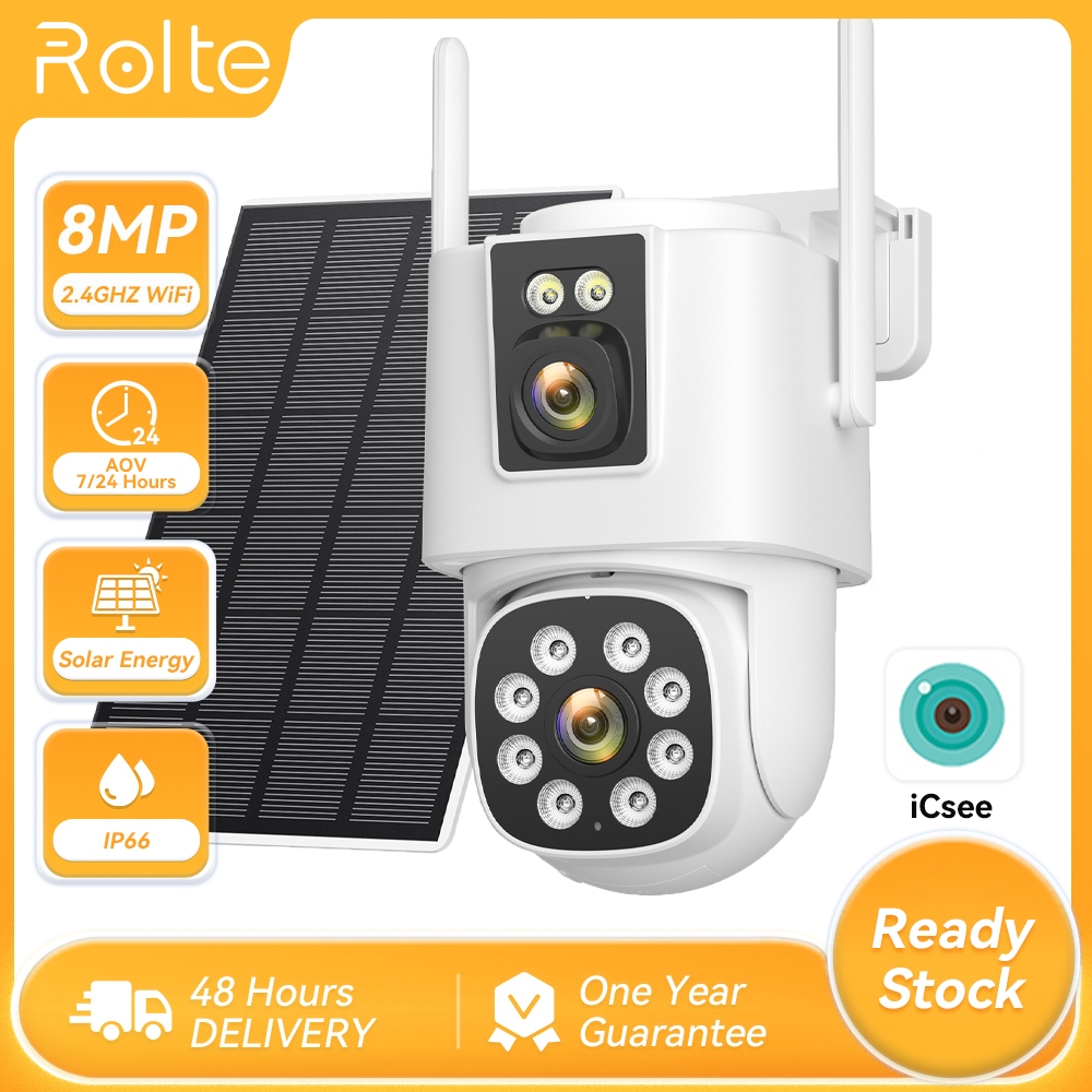 Rolte 8MP 4K Solar Wirelesss IP Camera With 12000 mAh Battery Outdoor HD Solar Panel CCTV ICsee APP