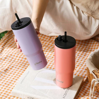 PANDA แก้วกาแฟ สแตนเลส แก้วเก็บความเย็น 750ML แก้วน้ำสแตนเลส316 พร้อมหลอด แก้วน้ำในรถยนต์ แก้วกาแฟ