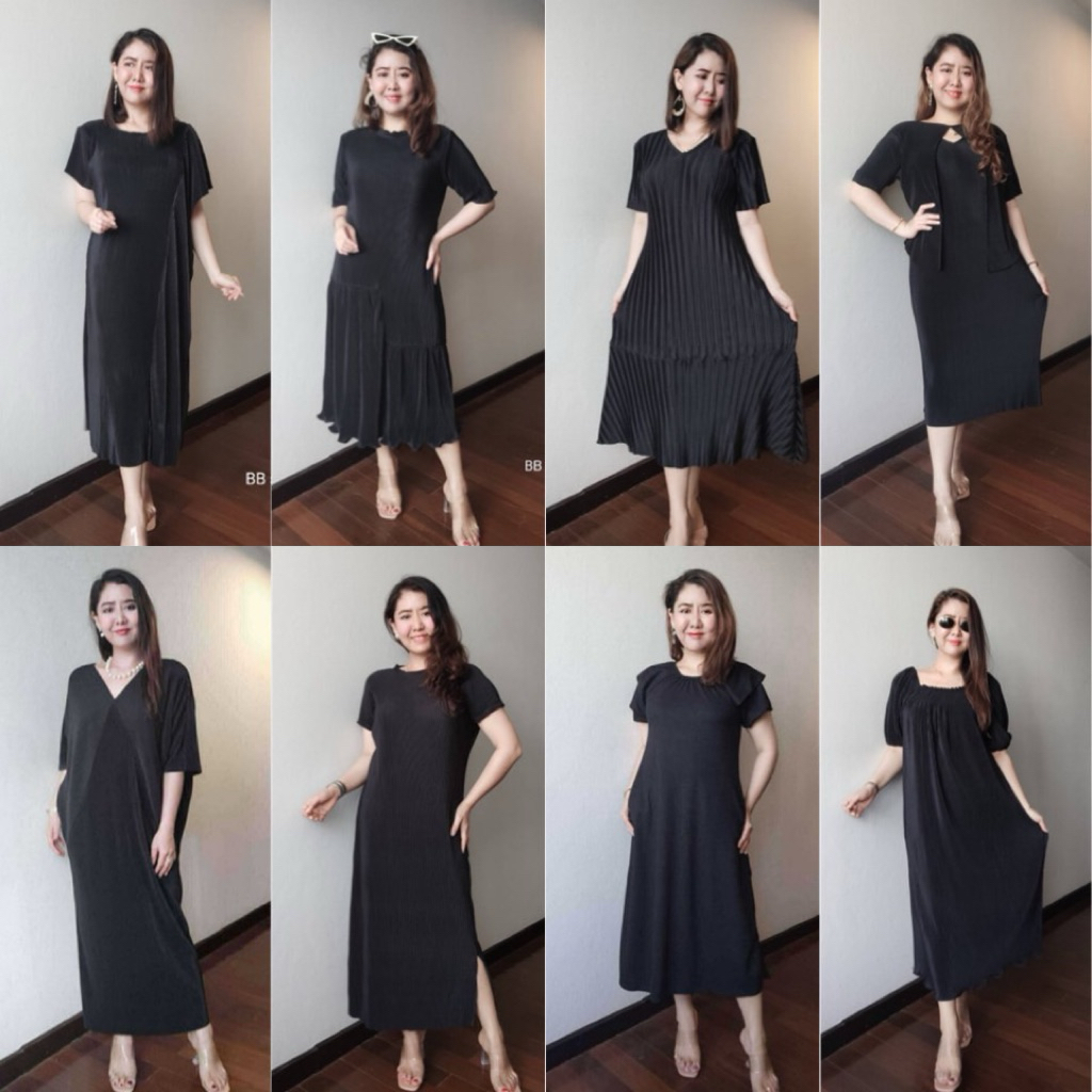 รวมเดรสสีดำผ้าอัดพลีท ชุดใส่ออกงานสาวอวบ ขนาดFreesize แพทเทิร์นเรียบหรูดูแพง ชุดดำไว้ทุกข์