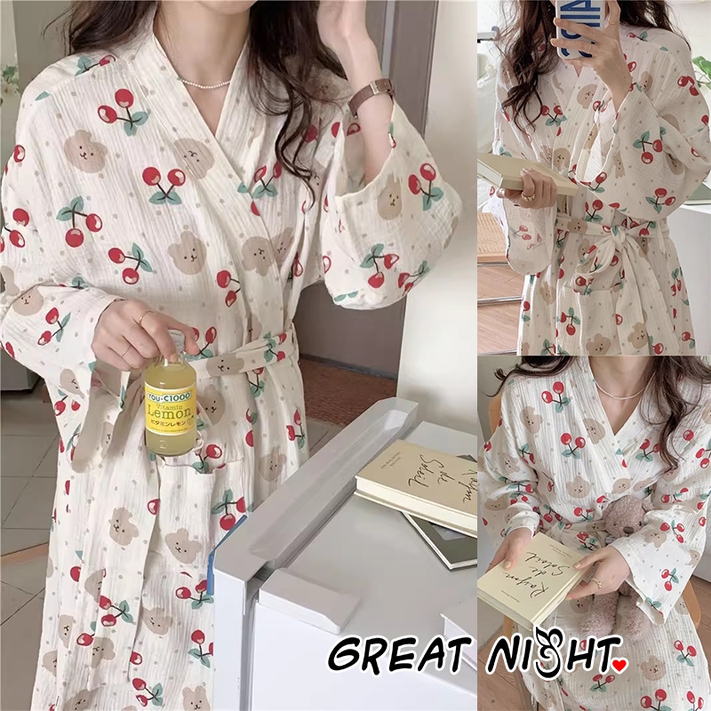 🍒Great Night🍒แขนยาว ชุดนอนผู้หญิง ลายเชอร์รี่ สไตล์เสื้อคลุมอาบน้ำ ทรงหลวม ผ้าใส่สบาย ชุดอยู่บ้าน พร้อมส่งจากไทย