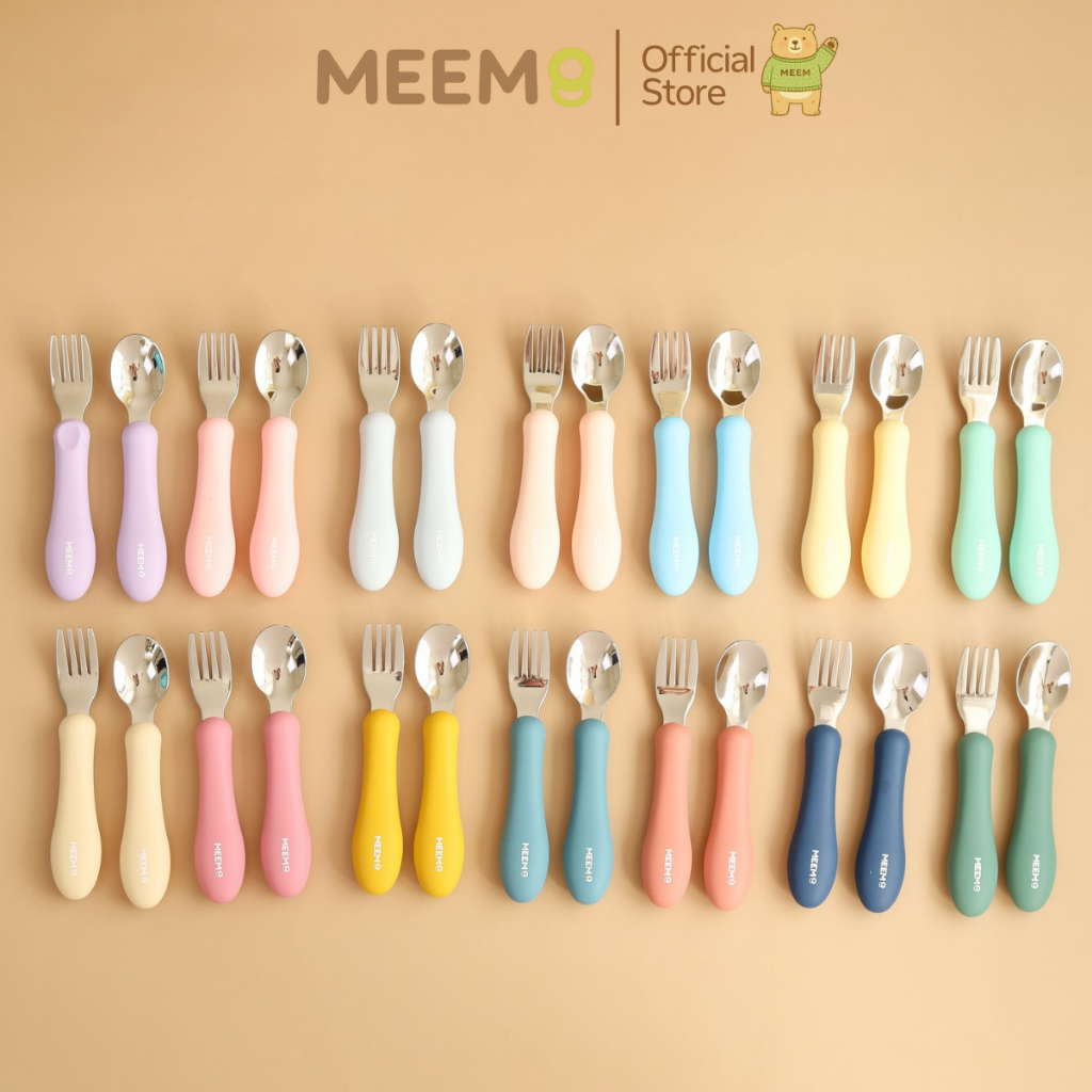 MEEM ชุดช้อนส้อมสแตนเลส ฝึกทานอาหารเด็ก ด้ามจับซิลิโคน ช้อนส้อมเด็ก รุ่น first step(Colorful Series)