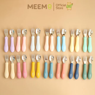 MEEM ชุดช้อนส้อมสแตนเลส ฝึกทานอาหารเด็ก ด้ามจับซิลิโคน ช้อนส้อมเด็ก รุ่น first step(Colorful Series)
