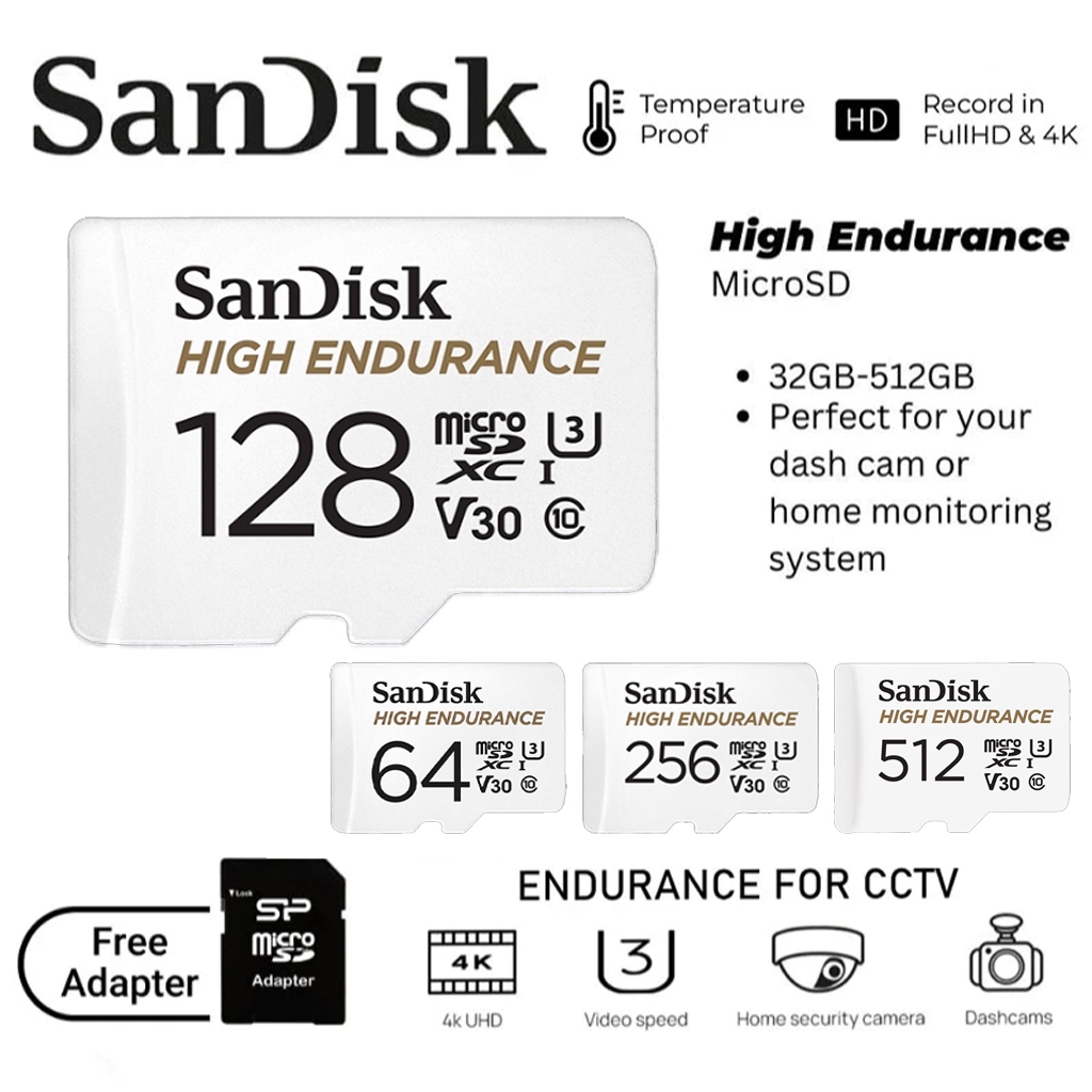 SanDisk High Endurance microSD 100MB UHS-I Class 10 U3 V30 ກາດໜ່ວຍຄວາມຈຳ ສຳລັບກ້ອງຕິດລົດ/CCTV
