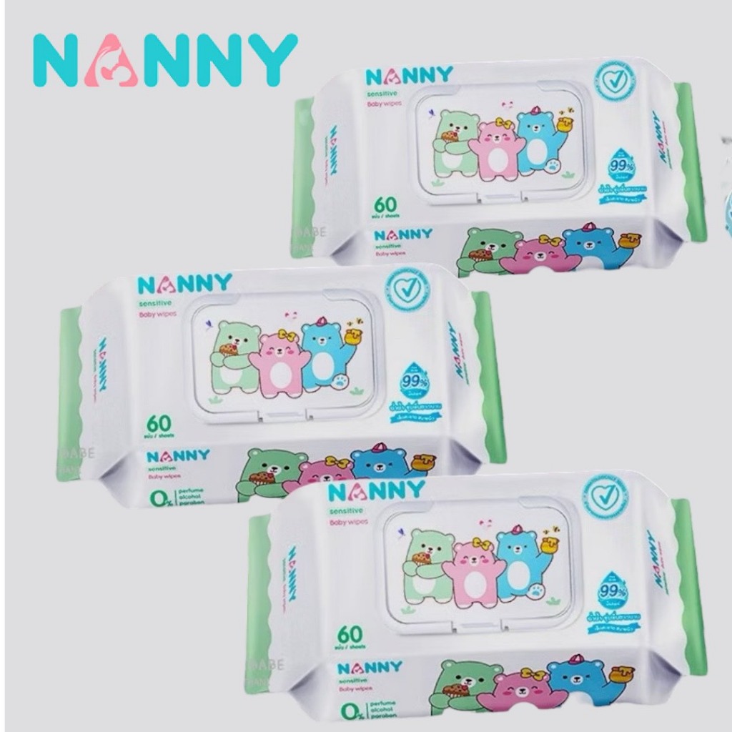 ใหม่!!!!! NANNY แนนนี่ ผ้าเช็คทำความสะอาดผิว ทิชชู่เปียก เบบี้ไวท์ แพค 3 ห่อ ( 60ชิ้น *3 ห่อ) - รูปที่ 2