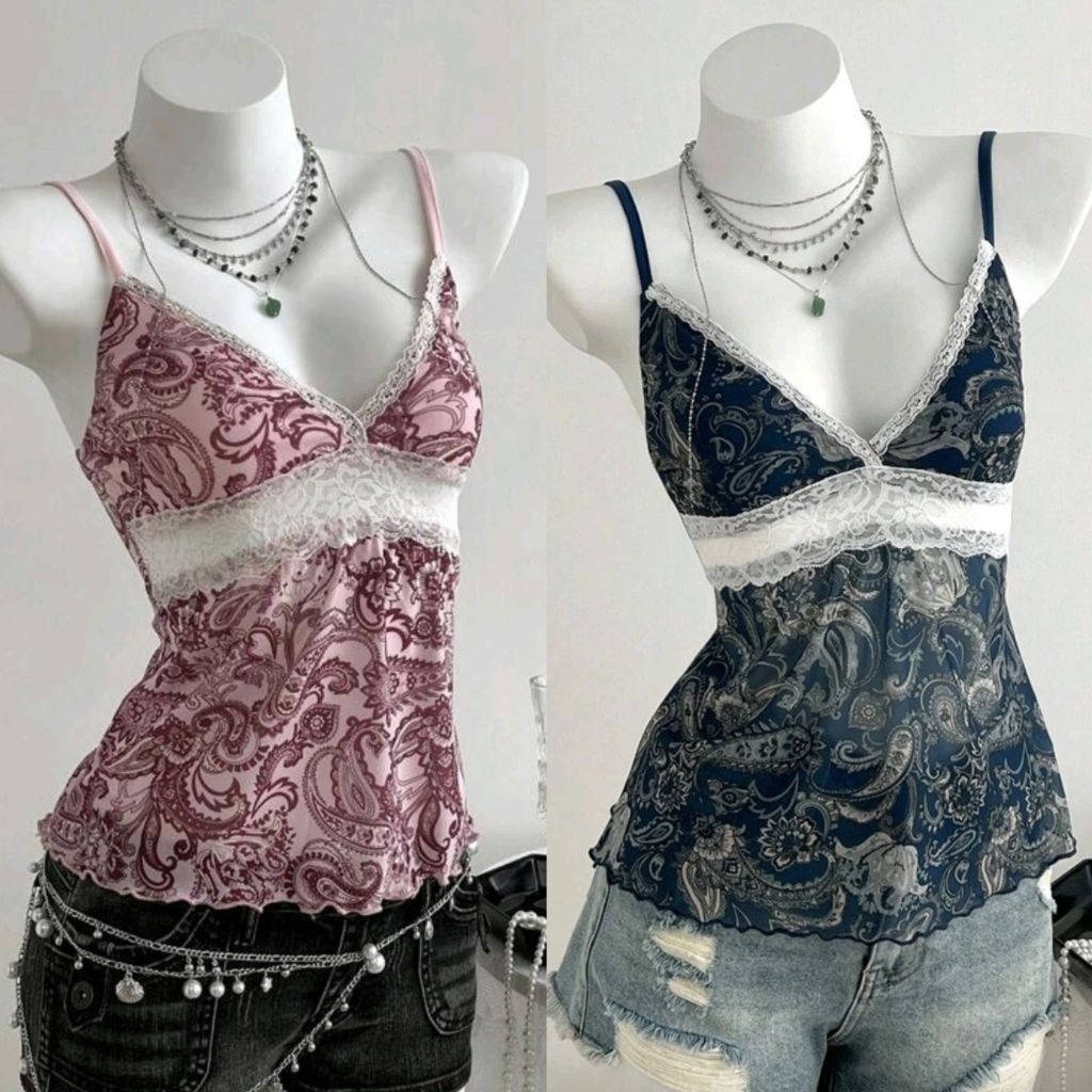 เสื้อสา​ยเดี่ยว​ ลาย​ดอกไม้​ ซีทรู​ คอวี​ แต่งลูกไม้​ สีชมพู​ สีน้ำเงิน​ I พรี​ออเดอร์​