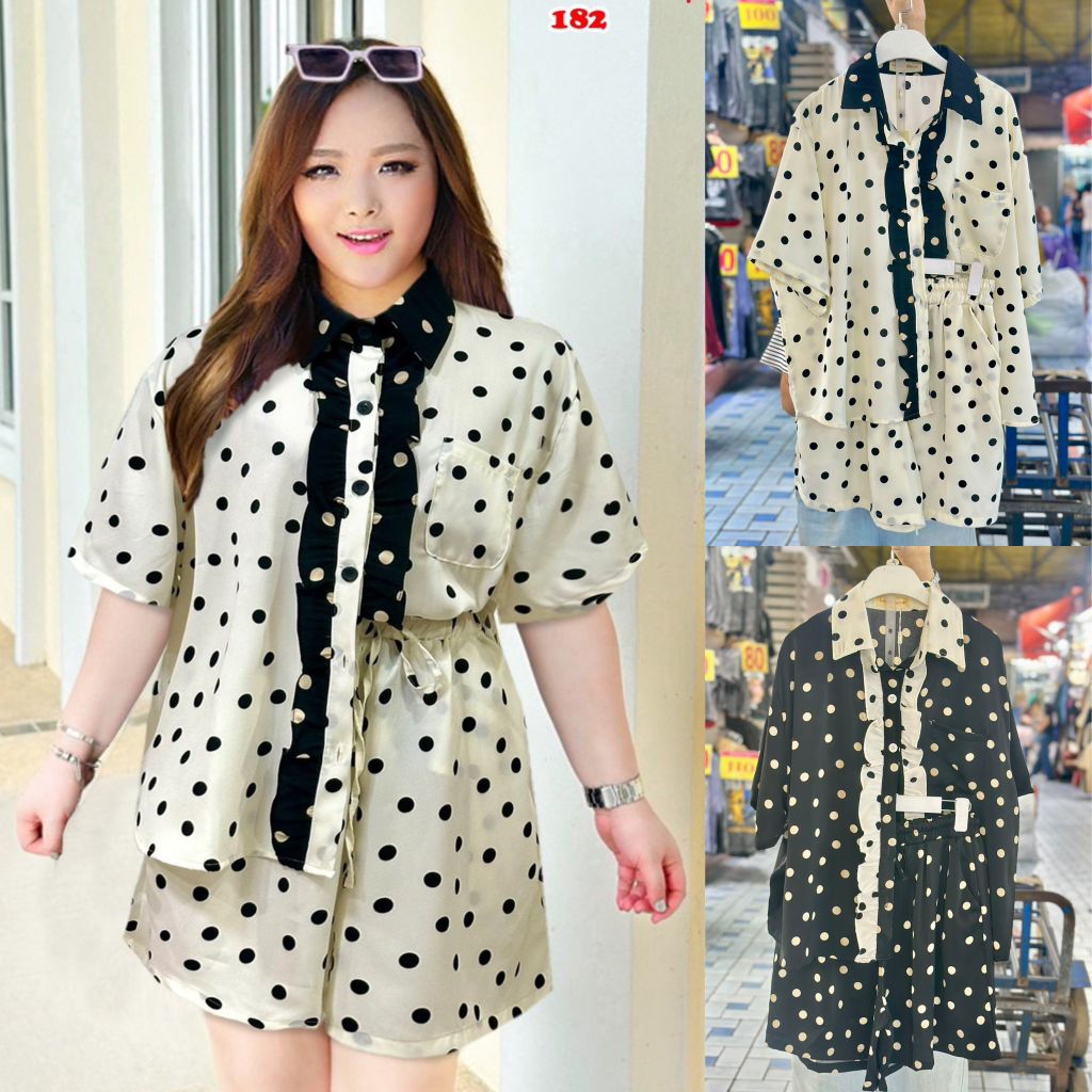 ชุดเซ็ทแฟชั่นสาวอวบรุ่นลายจุด🤍🖤 ระบายหน้าผ้าโพลีเอสเตอร์ เนื้อดีมาก เสื้อระบายหน้า คู่กับกางเกงขาสั้น ผ้าดีมาก