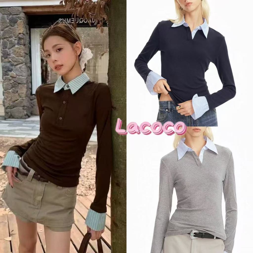 Lacoco🍓คลังสินค้าพร้อม🍓เสื้อยืดแขนยาวคอโปโลสีน้ำตาล ไหล่ตรง ทรงเข้ารูป สำหรับผู้หญิง เสื้อตัวบนแบบแพทช์เวิร์ค