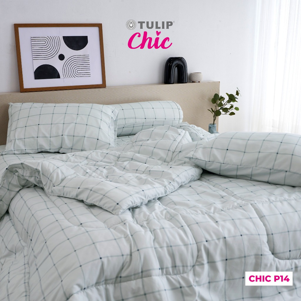 TULIP CHIC พิมพ์ลาย CHIC P14 พิมพ์ลายตางราง โทนสีเทา ชุดผ้าปู ผ้าห่มนวม สไตล์มินิมอล สัมผัสนุ่มไม่ระคายผิว