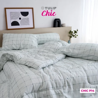 TULIP CHIC พิมพ์ลาย CHIC P14 พิมพ์ลายตางราง โทนสีเทา ชุดผ้าปู ผ้าห่มนวม สไตล์มินิมอล สัมผัสนุ่มไม่ระคายผิว