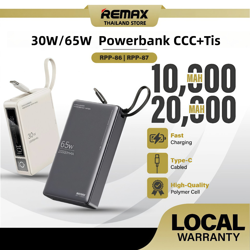 [ CCC ] Remax Power Bank 20000mAh Laptop powerbank  65W - แบตสำรอง มีสายในตัว USB และ Type-C ชาร์จไว