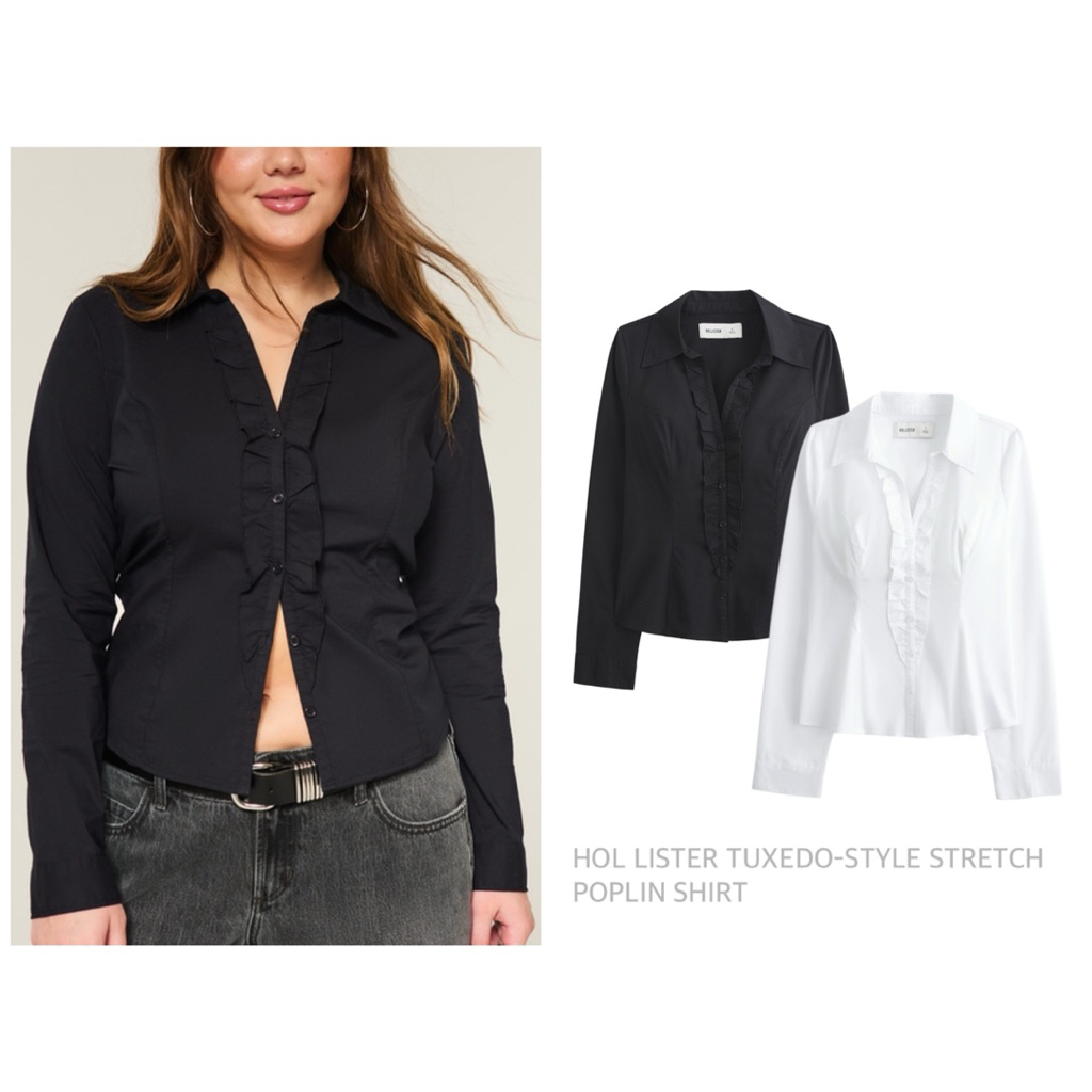 HOLLISTER เสื้อเชิ้ตคอปก แขนยาว ดีเทลระบายด้านหน้า TUXEDO-STYLE STRETCH POPLIN SHIRT (A1201)