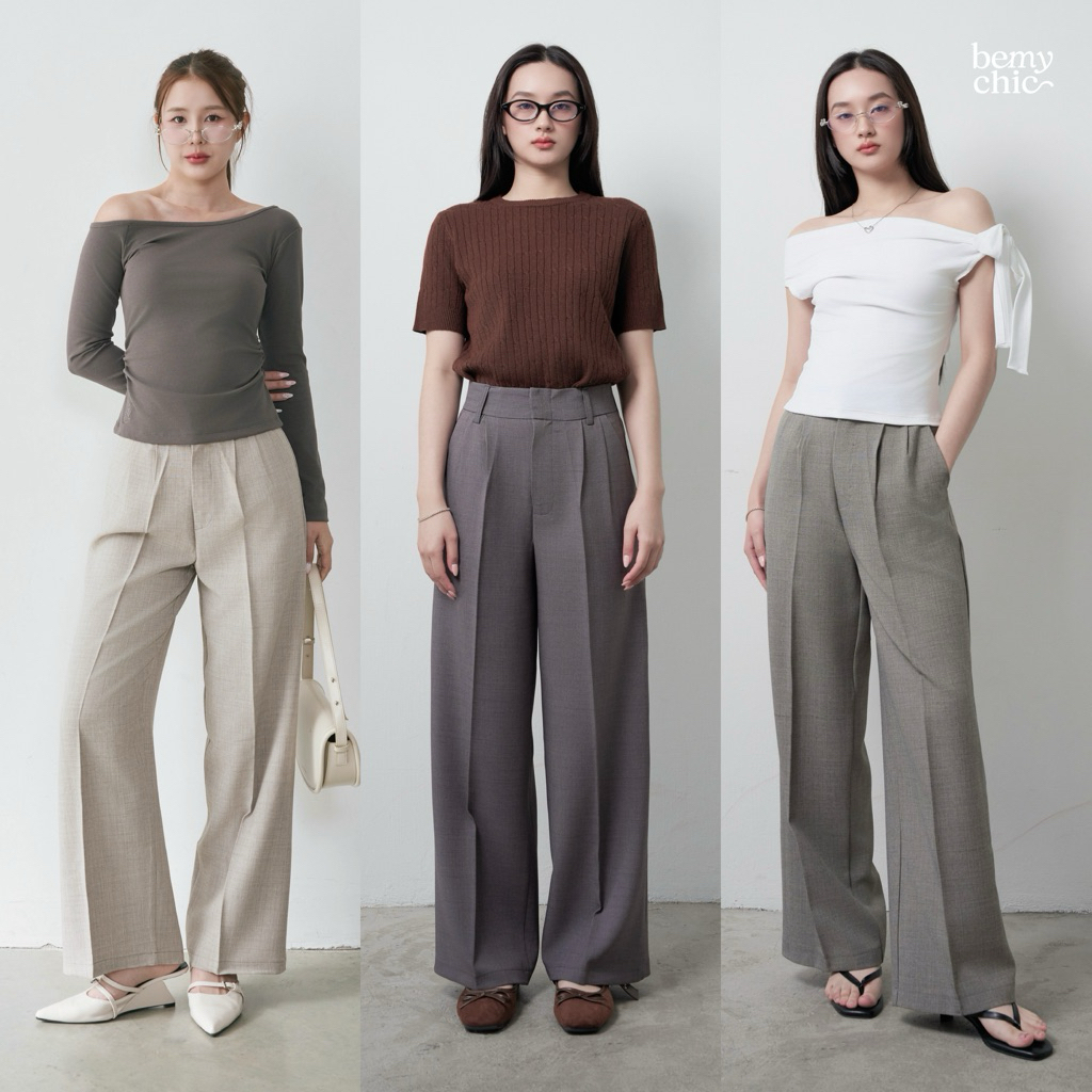 กางเกงขายาวผู้หญิง เอวสูง ทรงกระบอกใหญ่ ผ้าโซดา งานตะขอ ใส่ทำงาน รุ่น Classic Pants by BEMYCHIC