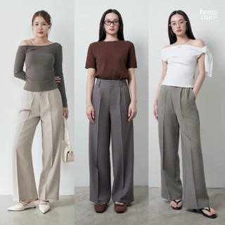 กางเกงขายาวผู้หญิง เอวสูง ทรงกระบอกใหญ่ ผ้าโซดา งานตะขอ ใส่ท…