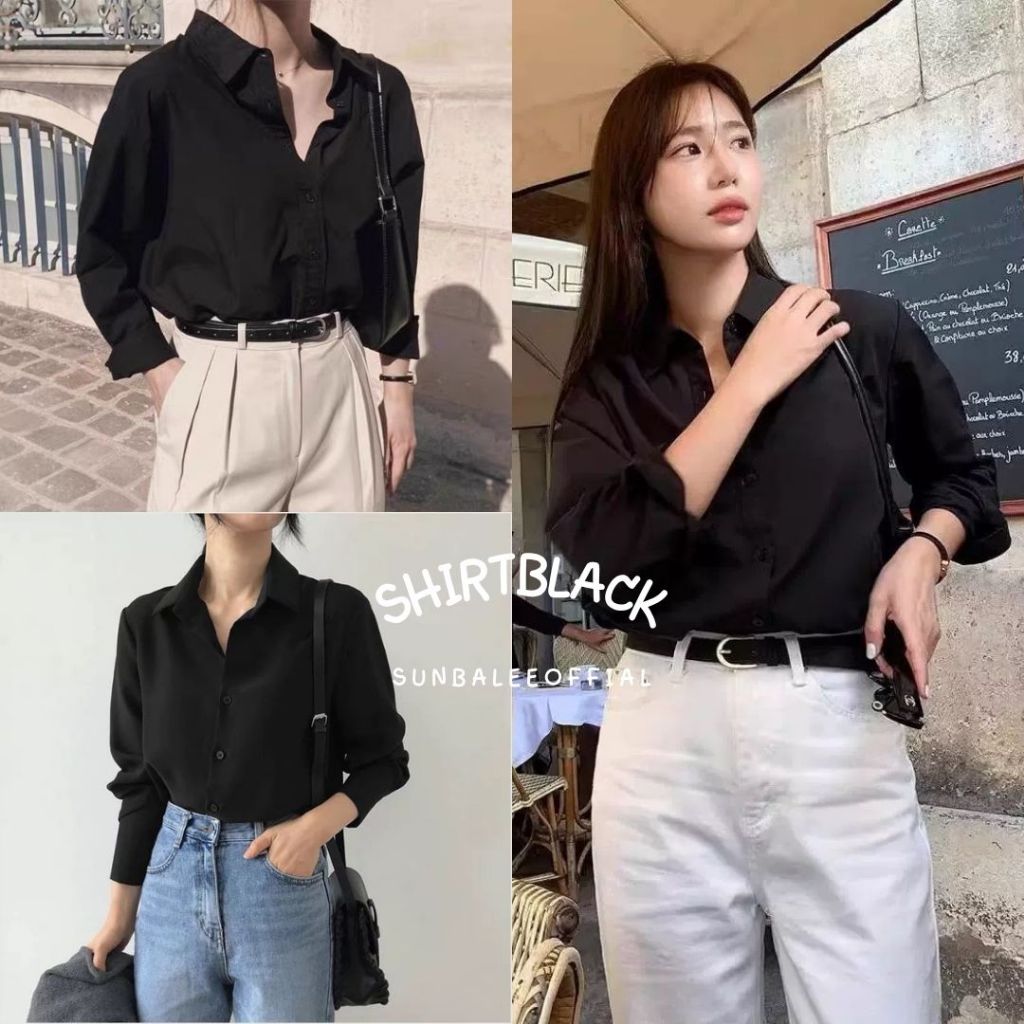 SHIRT-BLACK🚀เสื้อเชิ้ตสีดำ ใส่ทำงาน กระดุมหน้า ผ้าไหมอิตาลี่ รีดง่ายสวมใส่สบาย เสื้อเชิ้ตผู้หญิง คอปกแขนยาว🚀
