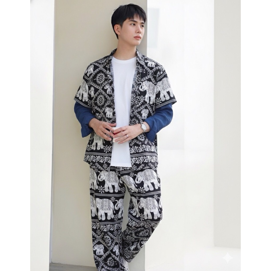 INTERชุดเซ็ตเสื้อฮาวาย+กางเกงขายาวลายช้าง🐘🇹🇭 ได้ทั้งเซต (ลายช้าง) เนื้อผ้าสปันเรยอน ผ้านิ่มใส่สบาย ชายหญิงใส่ได้