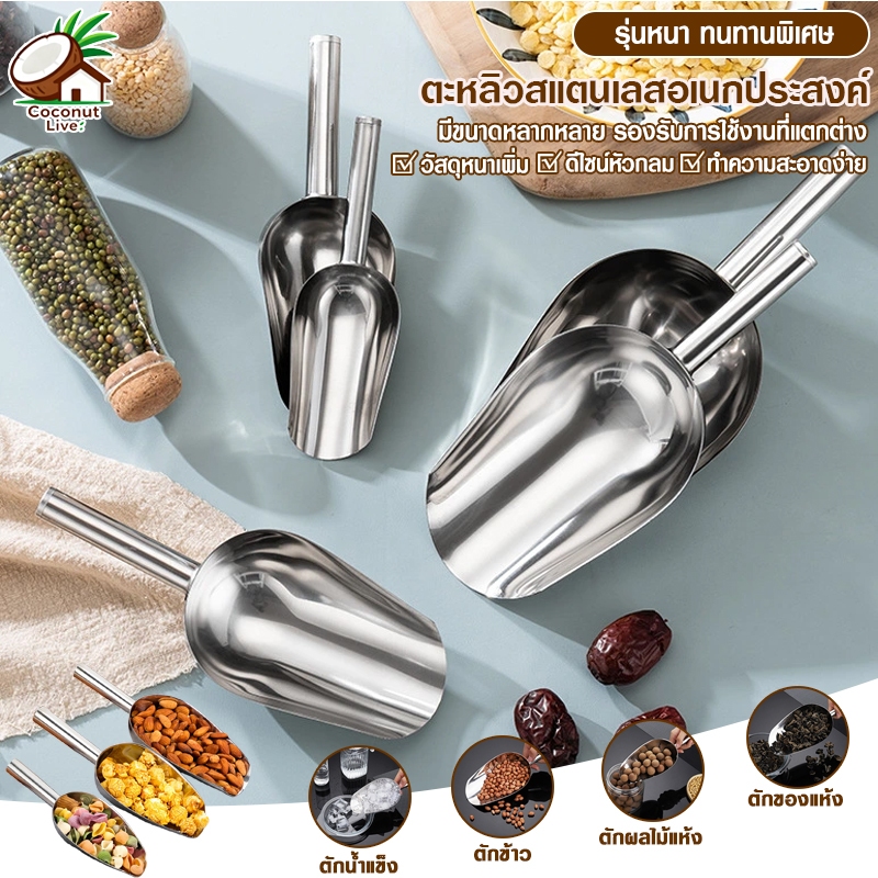 ที่ตักน้ำแข็ง พลั่วน้ำแข็ง สแตนเลส ที่ตักน้ำแข็ง ที่ตักอเนกประสงค์ ที่ตักแป้ง พลั่วข้าว ทนทาน ใช้งานได้นาน 3ขนาด