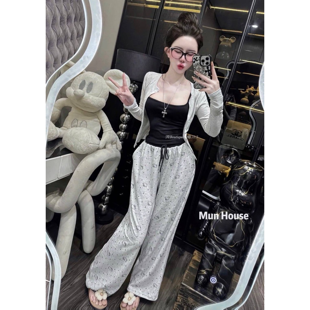 #Nantana set3ชิ้น Set 3 ชิ้นแมทมาแบบลงตัวสุดๆ เสื้อสายเดียว+เสื้อคุมผ้านิ่มใส่สบายแมทมากับกางเกงลายน้องแมว