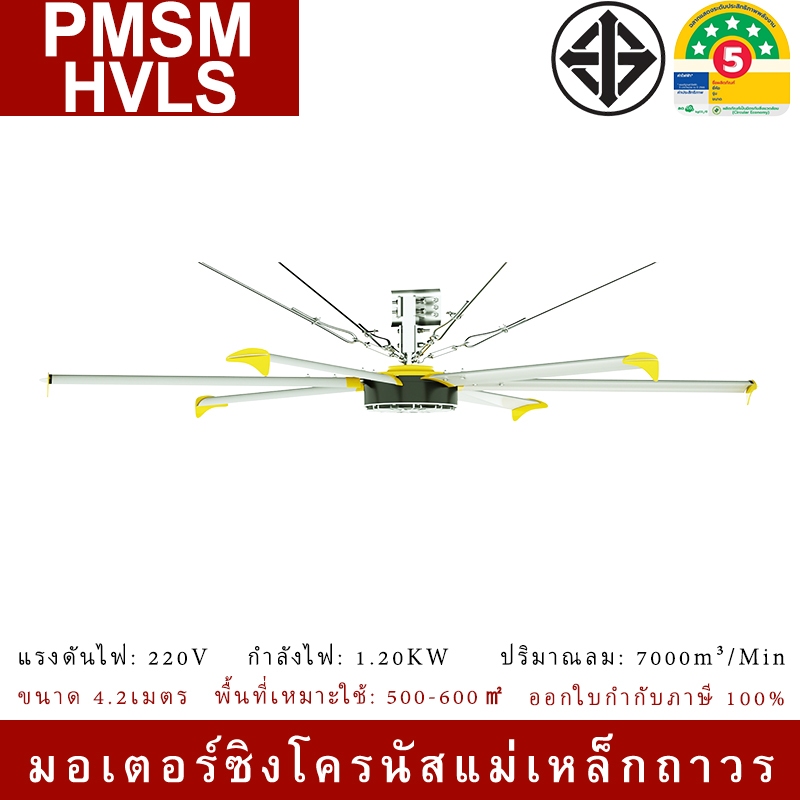 EYEVISION พัดลมยักษ์ HVLS FAN มอเตอร์ซิงโครนัสแม่เหล็กถาวร YS-4200 ขนาด 4.2เมตร พื้นที่แนะนำ500-600㎡