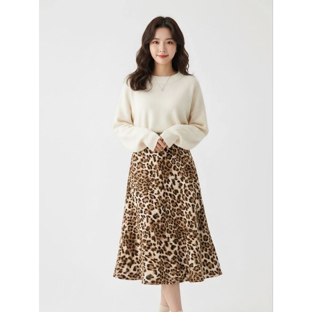กระโปรงลายเสือดาว (Leopard Print Midi Skirt) เอว28"