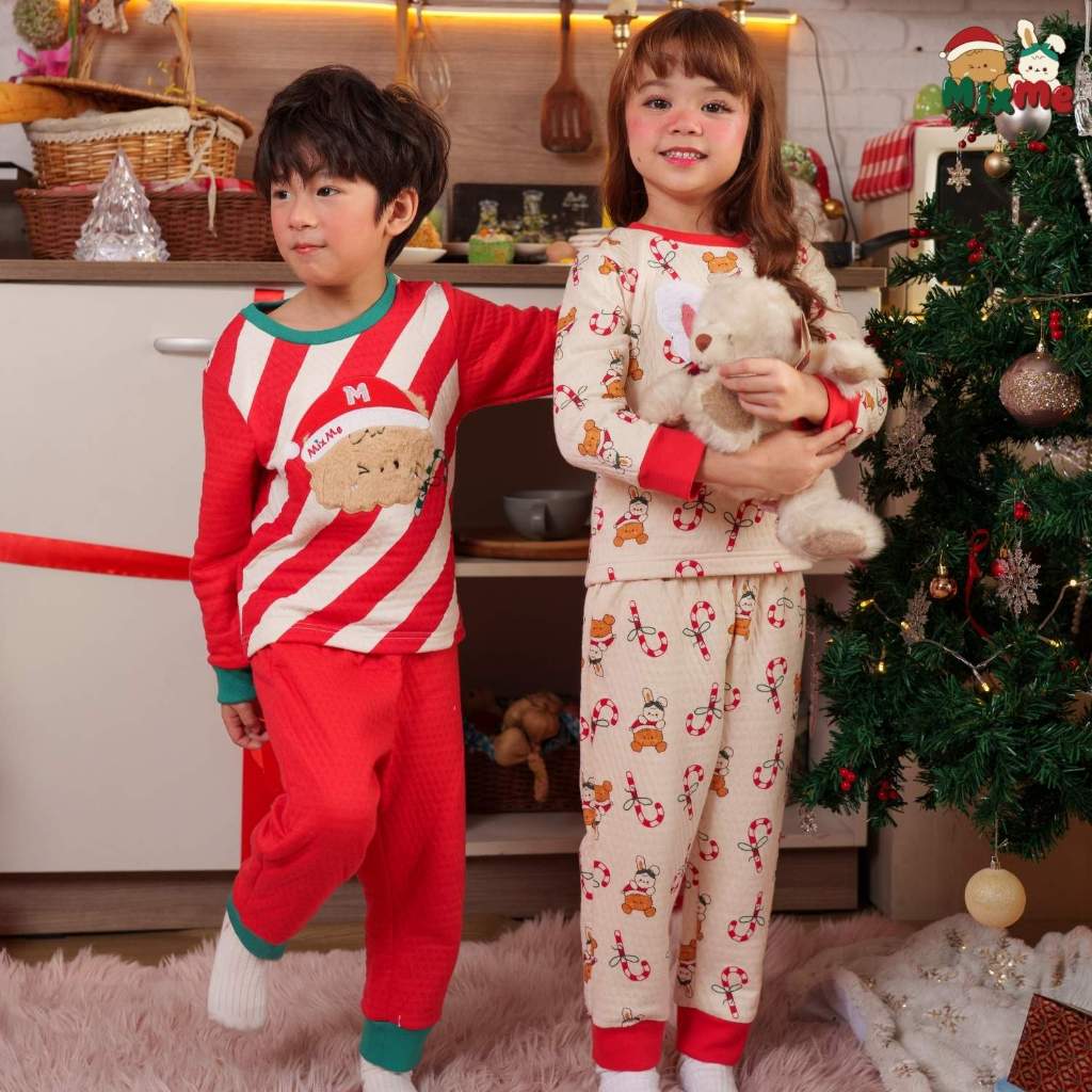 Mix Me ชุดนอนผ้าแซนวิช อบอุ่น นุ่มสบาย แขนยาว ลายคริสต์มาส เด็กชายหญิง อายุ 1-7 ปี เสื้อผ้าเด็ก รุ่น