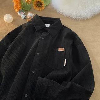 🌞U.mi.🌞เสื้อ ใส่สบาย แขนยาว สไตล์ญี่ปุ่น สีพื้น เสื้อเชิ้ตแขนยาวผ้าลูกฟูก แบบเรียบง่าย เสื้อเชิ้ตแขนยาว corduroy ทรงหลวม