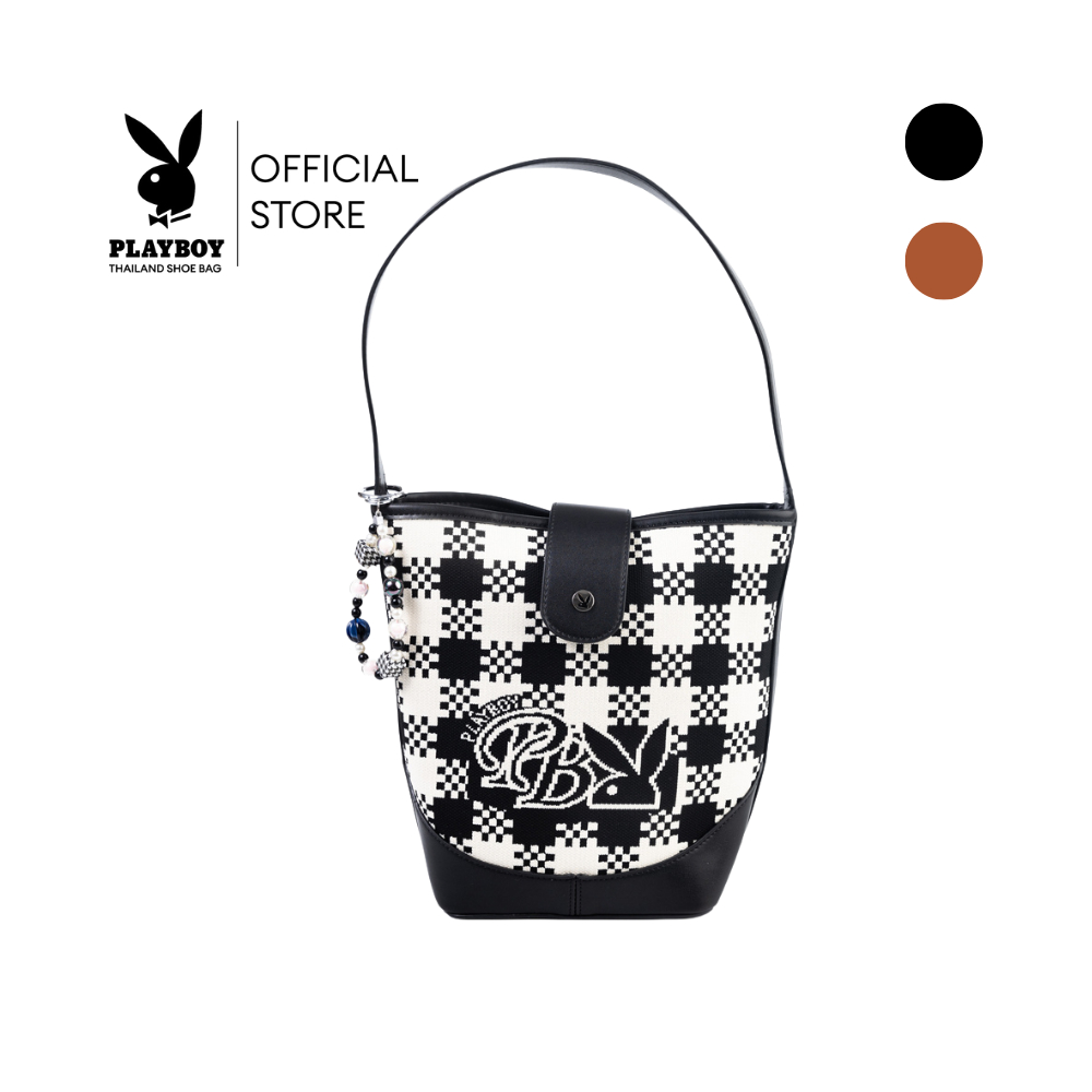 PLAYBOY รุ่น Pixel Bucket Bag รหัส ST-BS254PB148 ดีไซน์ทรงถังทอลายโลโก้เพลย์บอยตัดหนัง มี 2 สี