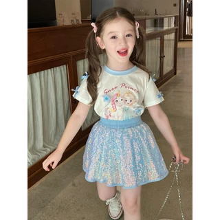 BB151 พร้อมส่ง ชุดเซ็ทเด็กสโนว์ เสื้อแต่งโบว์ดอกไม้ กระโปรงกลิตเตอร์วิ้งสีฟ้า ฟุ้งฟิ้งมาก