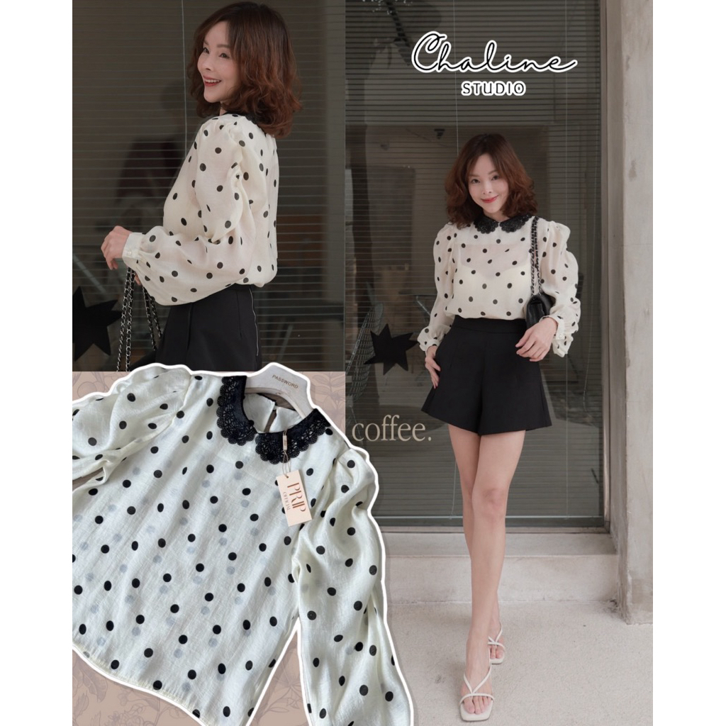 pripofficial   เสื้อแขนยาวคอปกปักฉลุ แขนพองเก๋ ลาย polka dot น่ารัก