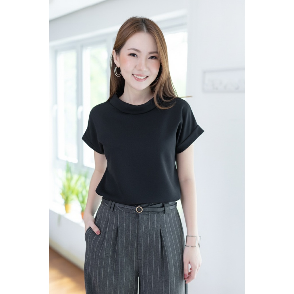 [ปีใหม่ส่งปกติ] Narinari MT2514 เสื้อคอม้วนแขนล้ำ ทรงสบาย ๆ