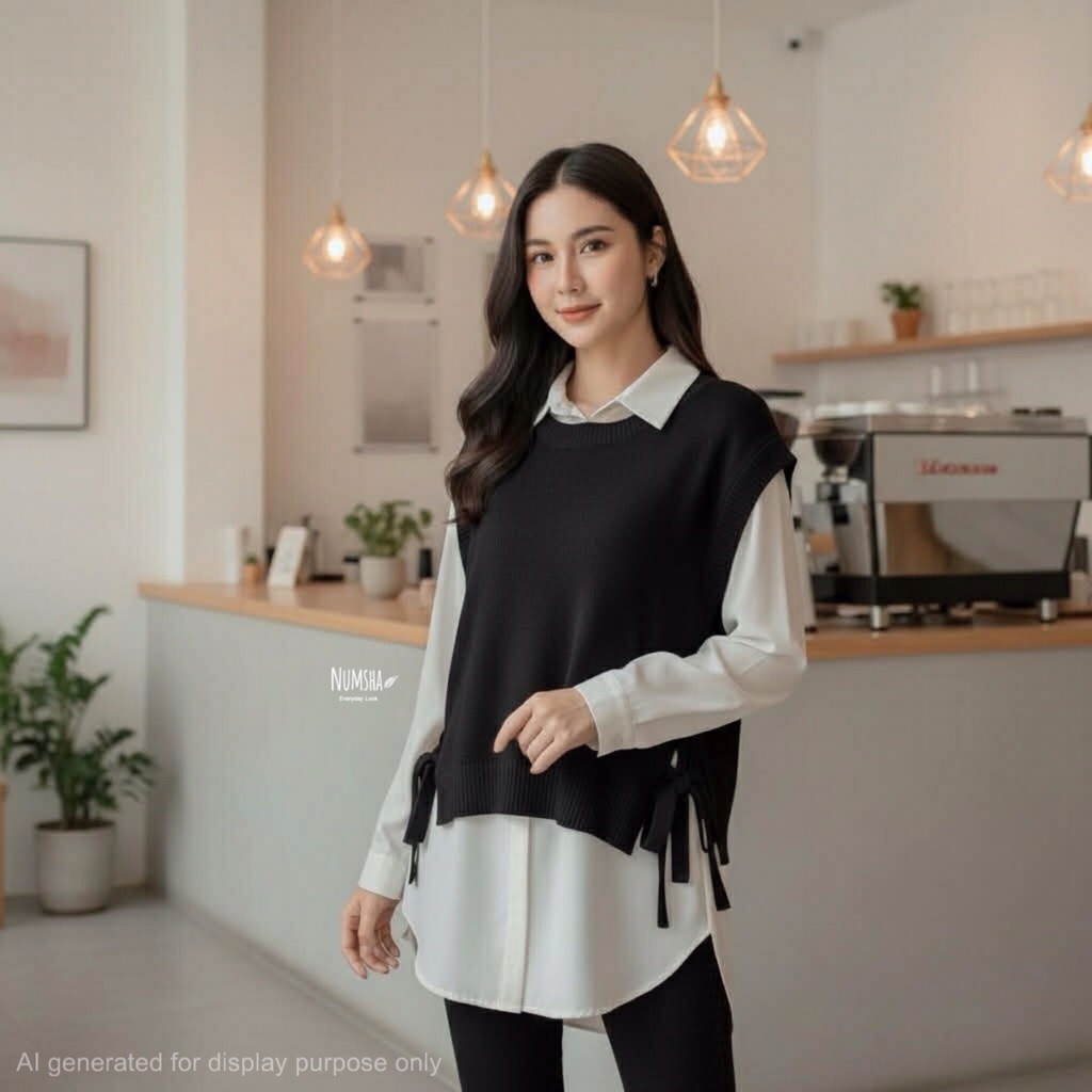 Numsha Brand เสื้อไหมพรมเสื้อกั๊กโบว์ข้าง / NB21093